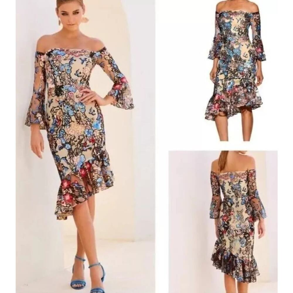 ALEXIA ADMOR Ivory Floral Sequin Embroidered Asymmetric Dress Size 4 Party
